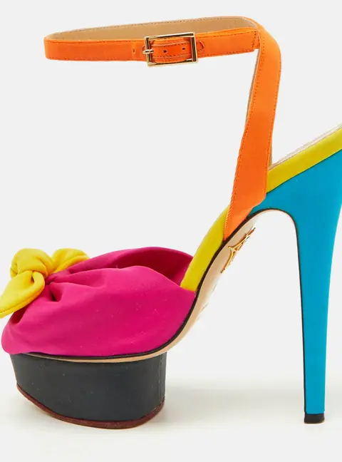 Charlotte Olympia Multicolor Fabric Serena Bow Ankle Strap Platform Sandals Size 36