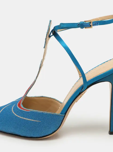 Charlotte Olympia Blue Metallic Lurex Fabric Ankle Strap Sandals Size 40