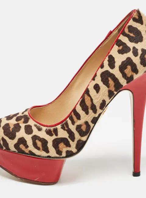 Charlotte Olympia Brown Leopard Print Calf Hair Polly Platform Pumps Size 38
