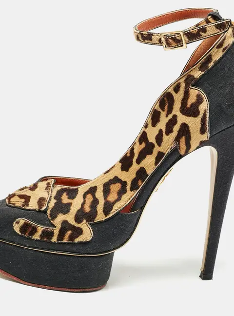 Charlotte Olympia Black/Brown Calfhair and Fabric Leopard D'orsay Pumps Size Size 41