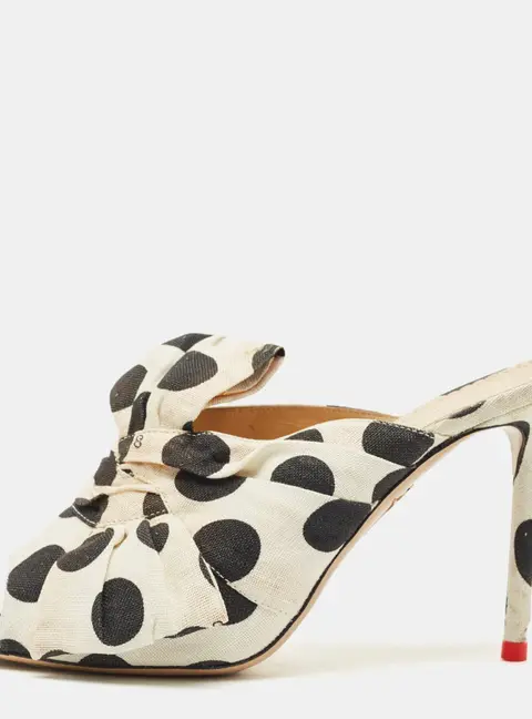 Charlotte Olympia White/Black Polka Canvas Bow Slide Sandals Size 40.5