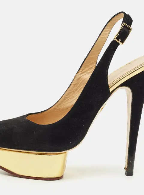 Charlotte Olympia Black Suede Dolly Platform Slingback Pumps Size 39