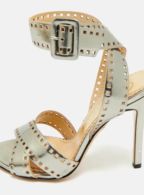 Charlotte Olympia Silver Leather Lasercut Crisscross Ankle Strap Sandals Size 34