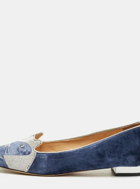 Charlotte Olympia Navy Blue/Grey Velvet Kitty Smoking Slippers Size 40