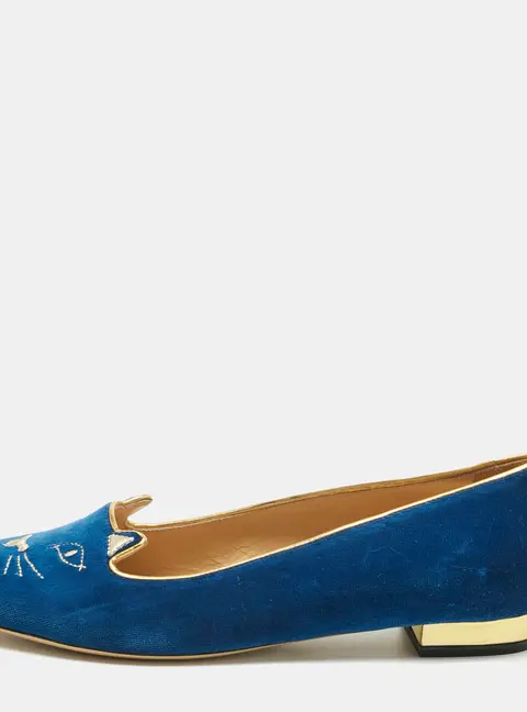 Charlotte Olympia Navy Blue Velvet Kitty Ballet Flats Size 40