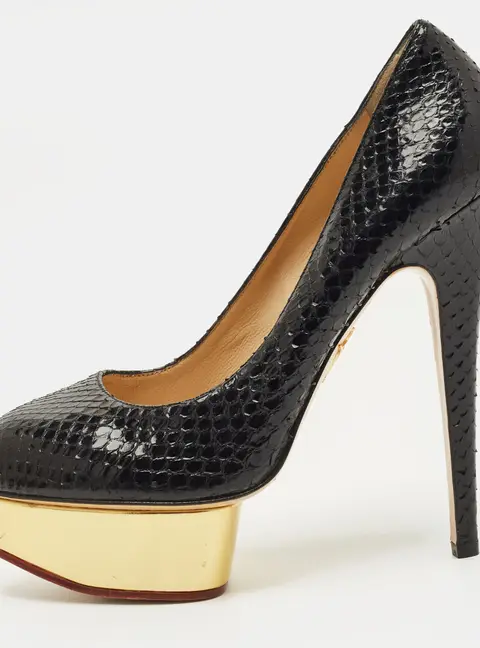 Charlotte Olympia Dolly Size 38.5 Black/Gold Snakeskin Leather Platform Pumps