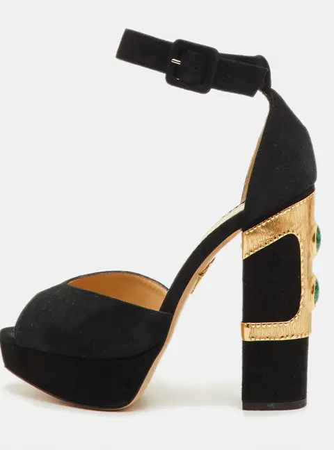 Charlotte Olympia Size 38 Black Suede Embellished Ankle Strap Platform Sandals