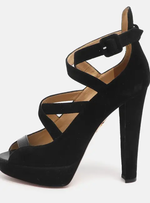 Charlotte Olympia Gladys Size 37 Black Suede Strappy Platform Sandals