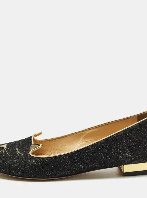 Charlotte Olympia Kitty Size 36 Black/Gold Lurex Fabric Ballet Flats
