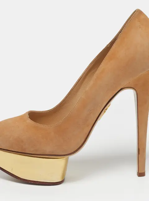 Charlotte Olympia Dolly Size 37.5 Beige Suede Platform Pumps