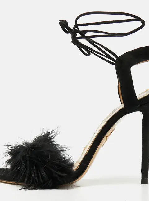 Charlotte Olympia Salsa Size 37.5 Black Feather and Suede Ankle Strap Sandals