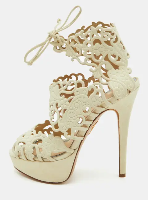 Charlotte Olympia Belinda Laser Cut Size 35 Cream Suede Peep Toe Platform Sandals