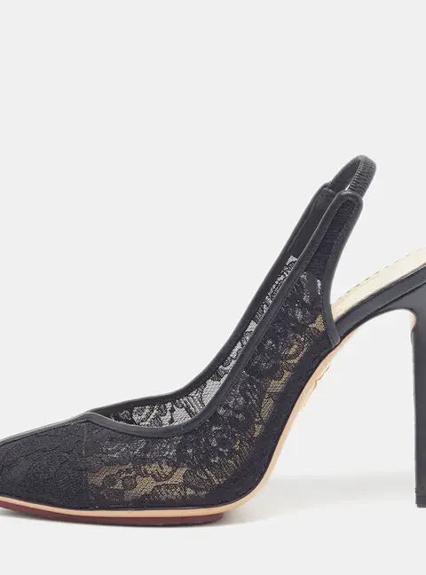 Charlotte Olympia Size 38 Black Lace and Leather Slingback Pumps