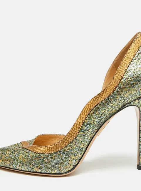Charlotte Olympia Size 39 Metallic Green/Gold Snakeskin Leather D'orsay Pumps