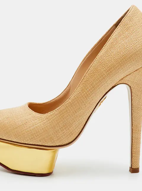 Charlotte Olympia Dolly Size 36.5 Beige/Gold Woven Raffia and Leather Platform Pumps
