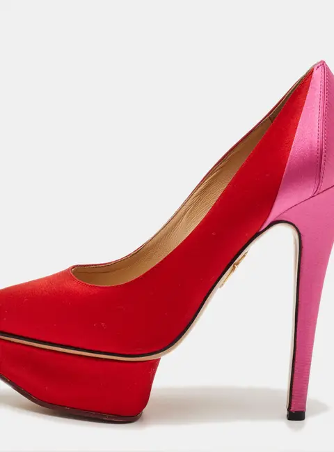 Charlotte Olympia Red/Pink Satin Paloma Fan Pleat Platform Pumps
