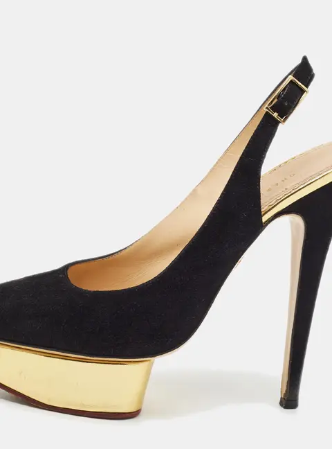 Charlotte Olympia Dolly Size 39 Black Suede Platform Slingback Pumps