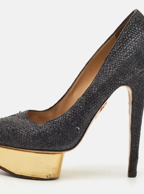 Charlotte Olympia Dolly Size 37.5 Dark Grey Raffia Platform Pumps