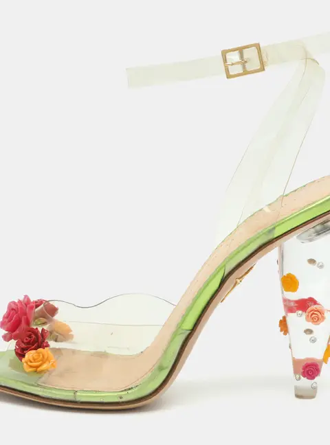 Charlotte Olympia Incy Rose Applique Size 38.5 Green PVC Ankle Strap Sandals