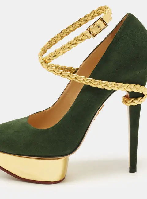Charlotte Olympia Dolly Size 38.5 Green Suede Platform Pumps
