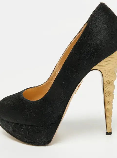 Charlotte Olympia Debbie Size 38 Black Calf Hair Platform Pumps