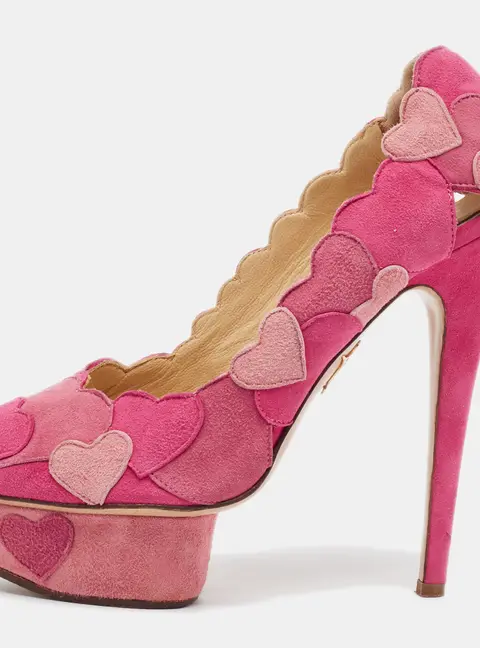 Charlotte Olympia Dolly Size 38 Pink/Red Suede Peep Toe Pumps