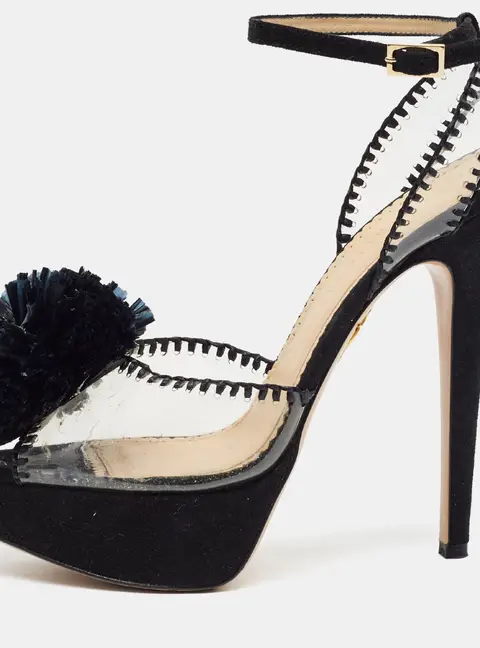 Charlotte Olympia Pomeline Size 38.5 Black PVC and Suede Platform Sandals