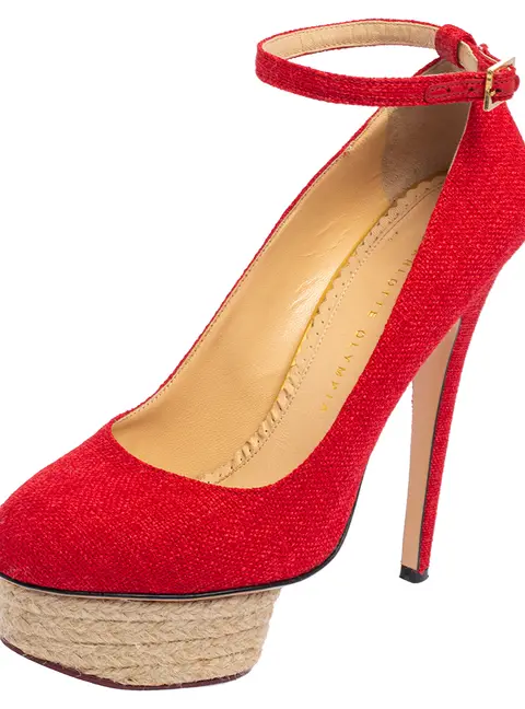 Charlotte Olympia Red Canvas Dolores Ankle Strap Platform Pumps Size 38