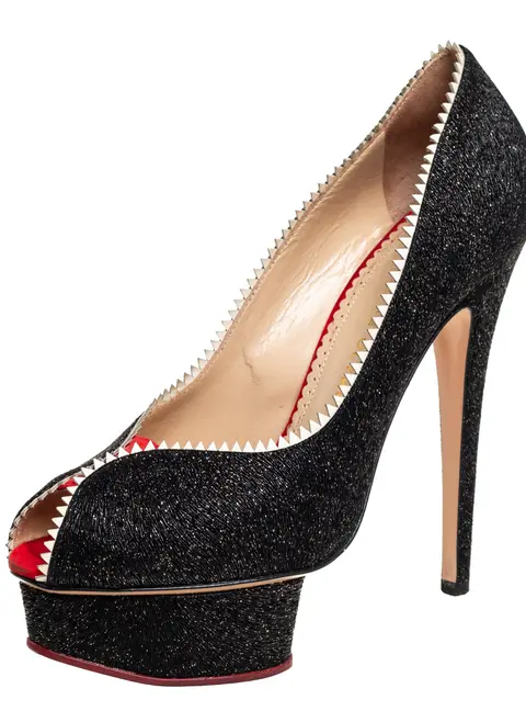 Charlotte Olympia Black Glitter And Patent Leather Scalloped Trim Peep Toe Platform Pumps Size 37.5