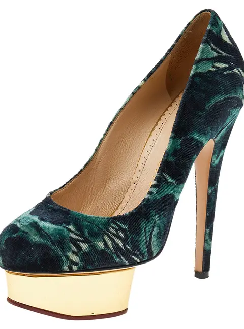 Charlotte Olympia Green Printed Velvet Dolly Platform Pumps Size 36