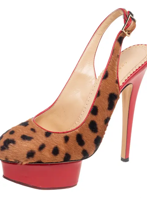 Charlotte Olympia Red/Brown Leopard Calfhair and Leather Dolly Slingback Pumps Size 37.5