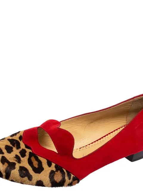 Charlotte Olympia Red/Brown Leopard Print Calfhair and Suede Bisoux Lip Ballet Flats Size 41