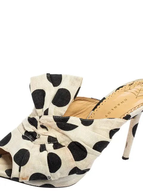 Charlotte Olympia White/Black Polka Canvas Bow Side Sandals Size 38