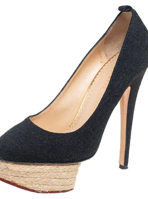 Charlotte Olympia Black Canvas Dolores Espadrille Platform Ankle-Strap Pumps Size 37
