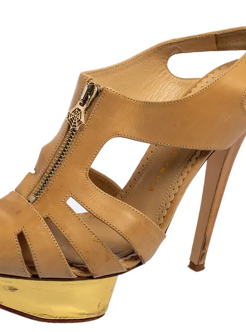 Charlotte Olympia Beige Leather Cut-Out Zipper Detail Platform Sandals Size 36.5
