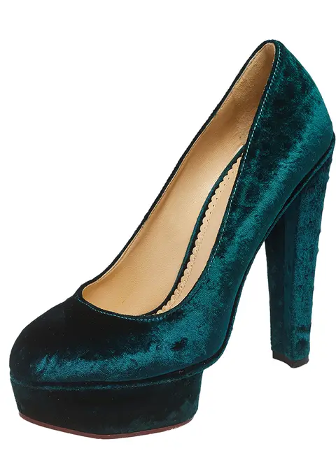 Charlotte Olympia Green Textured Velvet Dolly Platform Pumps Size 39