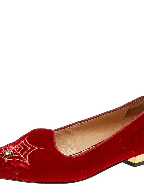 Charlotte Olympia Red Velvet Embroidered Ballet Flats Size 37