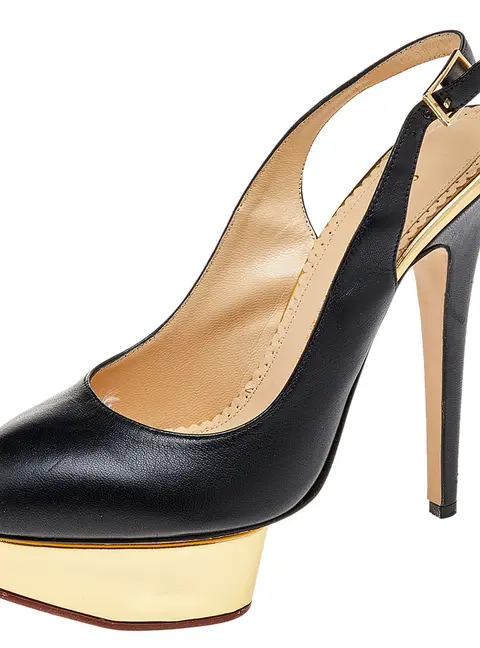 Charlotte Olympia Black Leather Dolly Platform Slingback Pumps Size 38.5