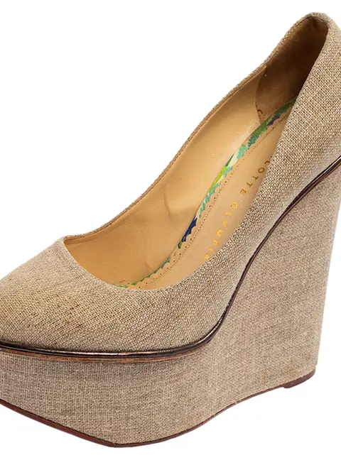 Charlotte Olympia Dark Beige Canvas Carmen Wedge Pumps Size 38