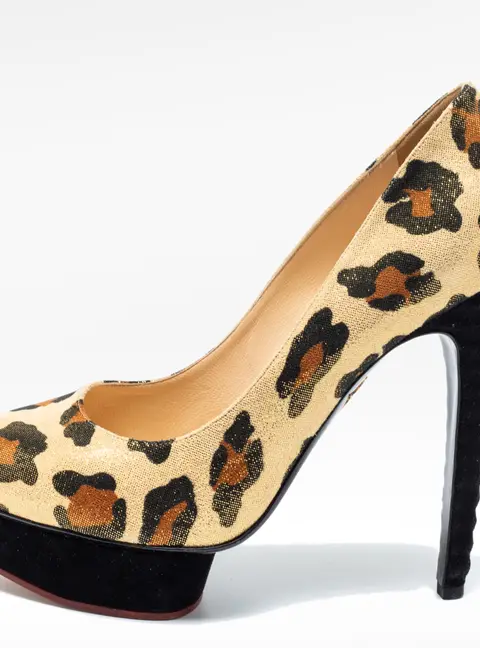 Charlotte Olympia Gold Leopard Print Glitter Suede Dolly  Pumps Size 39