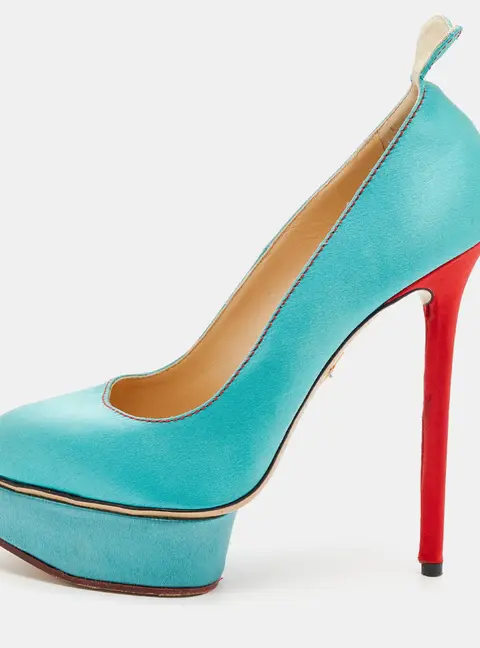 Charlotte Olympia Turquoise/Red Satin Josephine Platform Pumps Size 38
