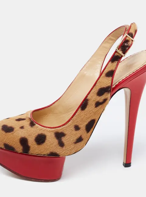 Charlotte Olympia Red/Brown Leopard Calf Hair And Leather Dolly Slingback Pumps Size 36.5