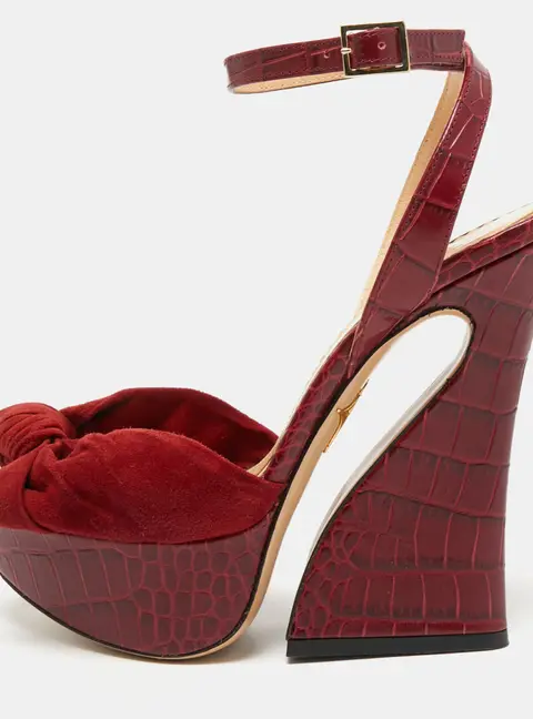 Charlotte Olympia Burgundy Croc Embossed Leather and Suede Ankle Strap Sandals Size 36