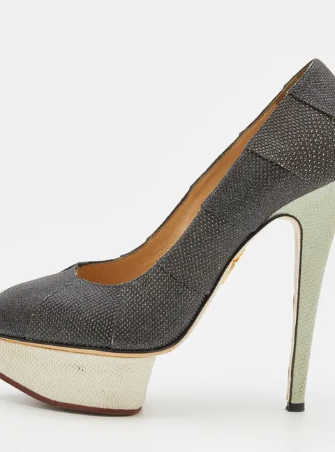 Charlotte Olympia Metallic Black Lizard Embossed Leather Platform Pumps Size 38