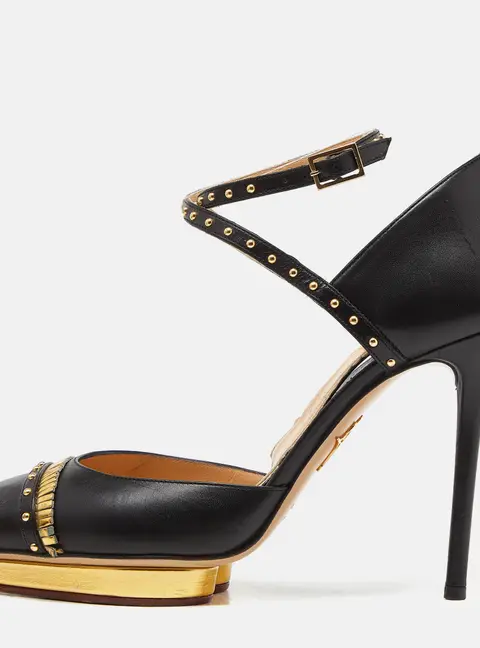 Charlotte Olympia Black Leather Studded Pointed Toe Ankle Strap Pumps Size 39