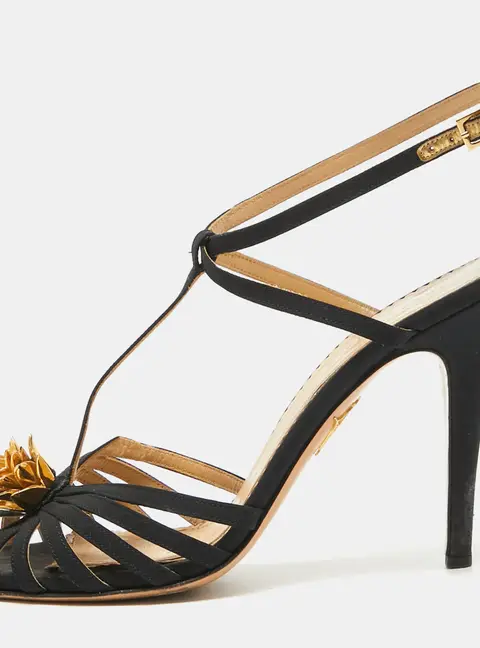 Charlotte Olympia Black Satin Flower Detail Ankle Strap Sandals Size 40