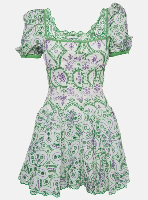 Charo Ruiz White/Green Broderie Anglaise Cotton Tiered Mini Dress