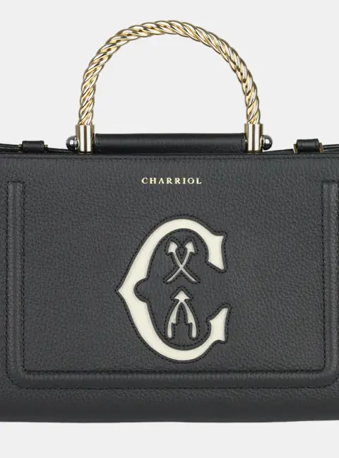 Charriol Marie Olga Black Grained Leather Gold -Tone Cable Top Handle Bag