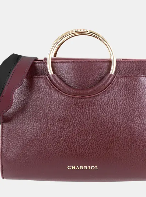 Charriol Forever Chocolate Off White Pebbled Leather Top Handle Bag