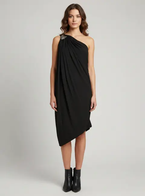 Chats by c.dam Black Jersey Asymmetric Draped Eileen Dress S
